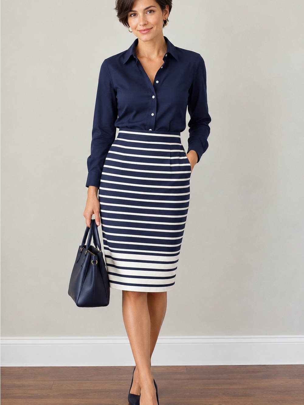 J. Crew Navy and White Striped Pencil Skirt